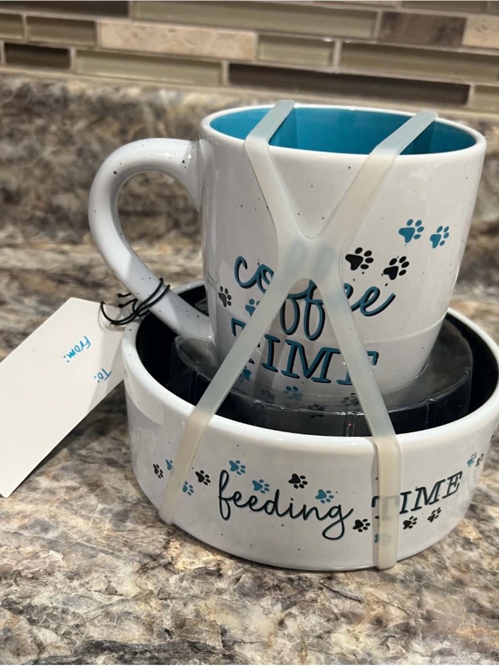 White and Teal 'Coffee & Feeding Time' Ceramic Mug and Bowl Set